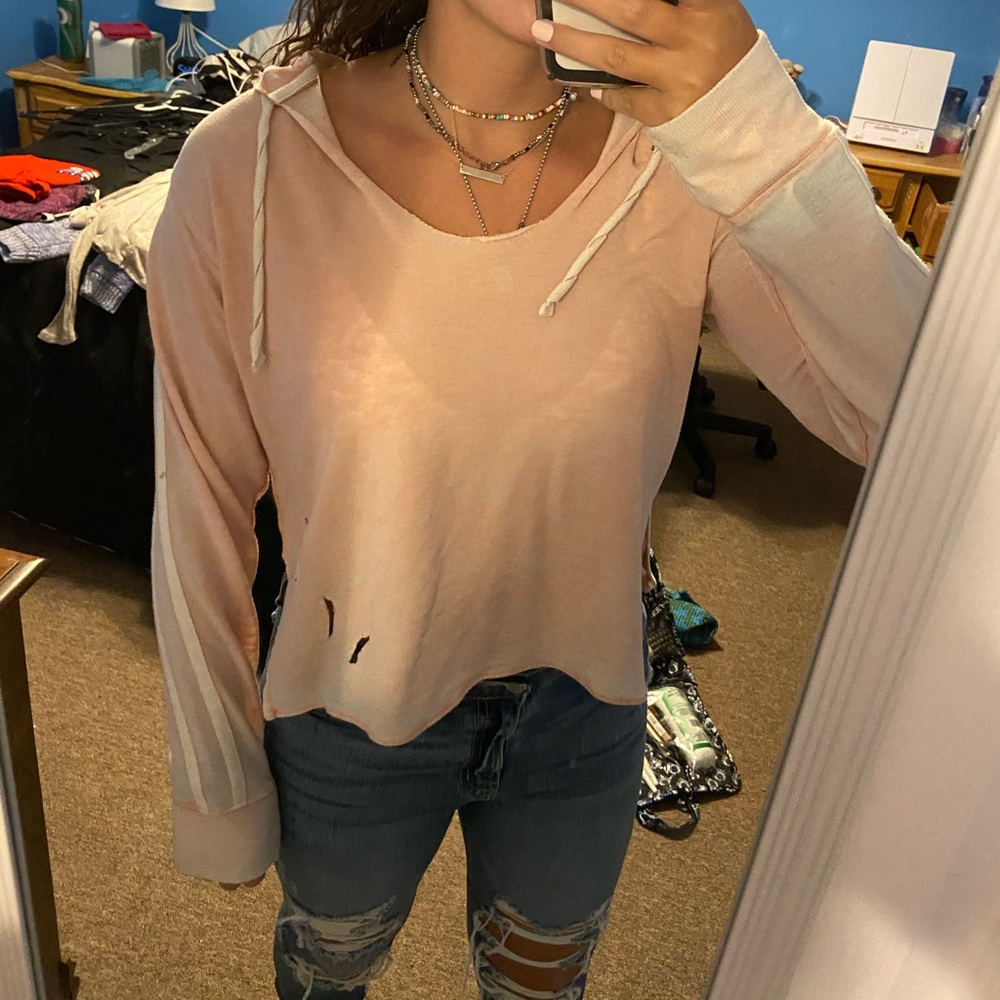 Light pink distressed cropped sweatshirt